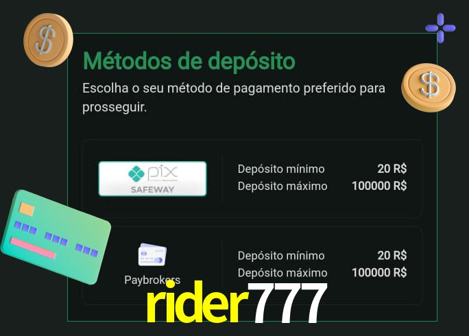 O cassino rider777 oferece uma grande variedade de métodos de pagamento